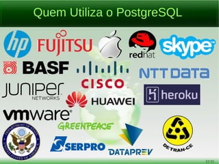 32/54
Além do SQL Básico
Window Functions - Funções de Janela
Internamente, uma função de janela é capaz de acessar mais do
que apenas linha atual de um resultado de uma consulta.
Funções de janela devem ser invocadas usando sua própria sintaxe
em que a cláusula OVER é necessária.
http://www.postgresql.org/docs/current/static/functions-window.html
 