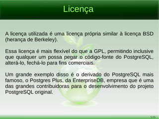 5/54
Links
Site Oficial: www.postgresql.org
Planet PostgreSQL: http://planet.postgresql.org
Wiki: https://wiki.postgresql.org
Site da Comunidade Brasileira: www.postgresql.org.br
Planet PostgreSQL BR: http://planeta.postgresql.org.br
 