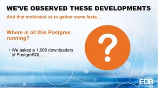 CONFIDENTIAL © Copyright EnterpriseDB Corporation, 2018. All rights reserved.17
WE’VE OBSERVED THESE DEVELOPMENTS
And that motivated us to gather some facts…
Where is all this Postgres
running?
• We asked a 1,000 downloaders
of PostgreSQL….
 