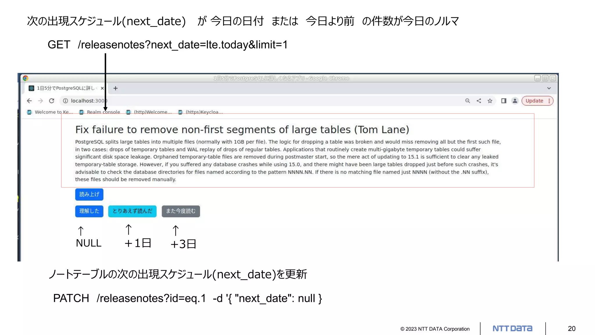 © 2023 NTT DATA Corporation 20
ノートテーブルの次の出現スケジュール(next_date)を更新
次の出現スケジュール(next_date) が 今日の日付 または 今日より前 の件数が今日のノルマ
↑
NULL
↑
+3日
↑
＋1日
GET /releasenotes?next_date=lte.today&limit=1
PATCH /releasenotes?id=eq.1 -d '{ "next_date": null }
 