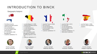 3 Postgres Vision 2018
INTRODUCTION TO BINCK
Geographic footprint
•  First Binck Country
•  Leading Brokerage position
•  478 K accounts
•  5,6 mio transactions
•  € 18,4 bln Assets under
Administration
•  € 1,3 bln Assets under
Management
•  Customer satisfaction 7.0
§  Lauched Belgium in 2006
§  Leading Brokerage position
§  67 K accounts
§  0,7 mio transactions
§  € 2,9 bln Assets under
Administration
§  € 2,1 mln Assets under
Management (started in
Investing segment in Dec
’16)
§  Customer satisfaction 8.3
§  Lauched France in 2008
§  64 K accounts
§  0,9 mio transactions
§  € 0,8 bln Assets under
Administration
§  Customer satisfaction 7.6
§  Lauched Italy in 2012
§  6 K accounts
§  0,5 mio transactions
§  € 0,5 bln Assets under
Administration
§  Customer satisfaction 7.5
§  Most active customers
§  Lauched Spain in 2006
§  Focus on Dutch-speaking
investors
Country manager
Jeroen Sonsma
Country manager
Stijn Ceelen
Country manager
Matthias Baccino
Country manager
Vincenzo Tedeschi
Country manager
Kaspar Huijsman
 