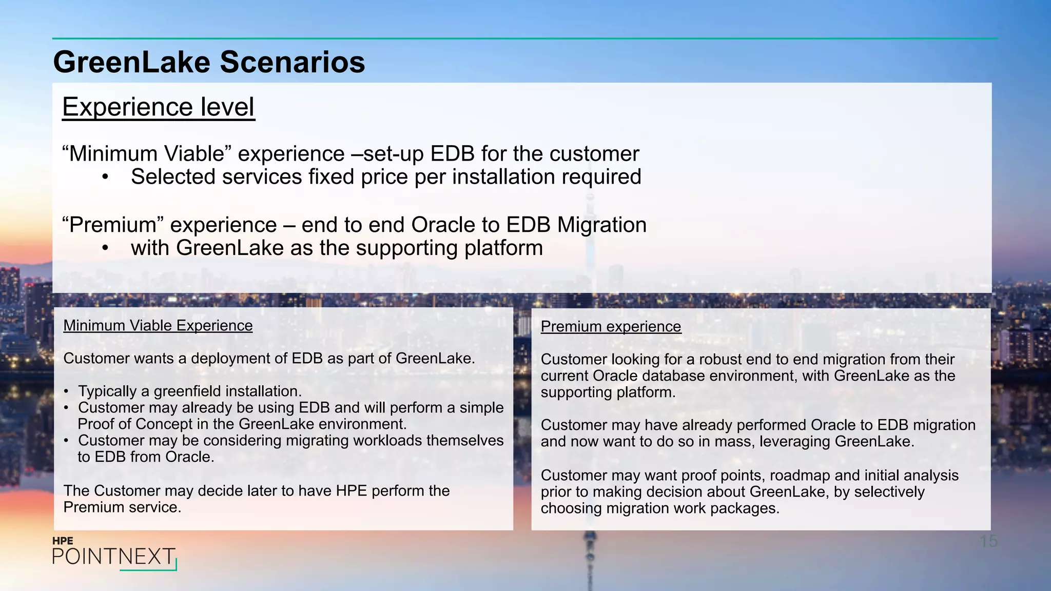 GreenLake Scenarios 15 Experience level “Minimum Viable” experience –set-up EDB for the customer •  Selected services fixed price per installation required “Premium” experience – end to end Oracle to EDB Migration •  with GreenLake as the supporting platform Minimum Viable Experience Customer wants a deployment of EDB as part of GreenLake. •  Typically a greenfield installation. •  Customer may already be using EDB and will perform a simple Proof of Concept in the GreenLake environment. •  Customer may be considering migrating workloads themselves to EDB from Oracle. The Customer may decide later to have HPE perform the Premium service. Premium experience Customer looking for a robust end to end migration from their current Oracle database environment, with GreenLake as the supporting platform. Customer may have already performed Oracle to EDB migration and now want to do so in mass, leveraging GreenLake. Customer may want proof points, roadmap and initial analysis prior to making decision about GreenLake, by selectively choosing migration work packages. 