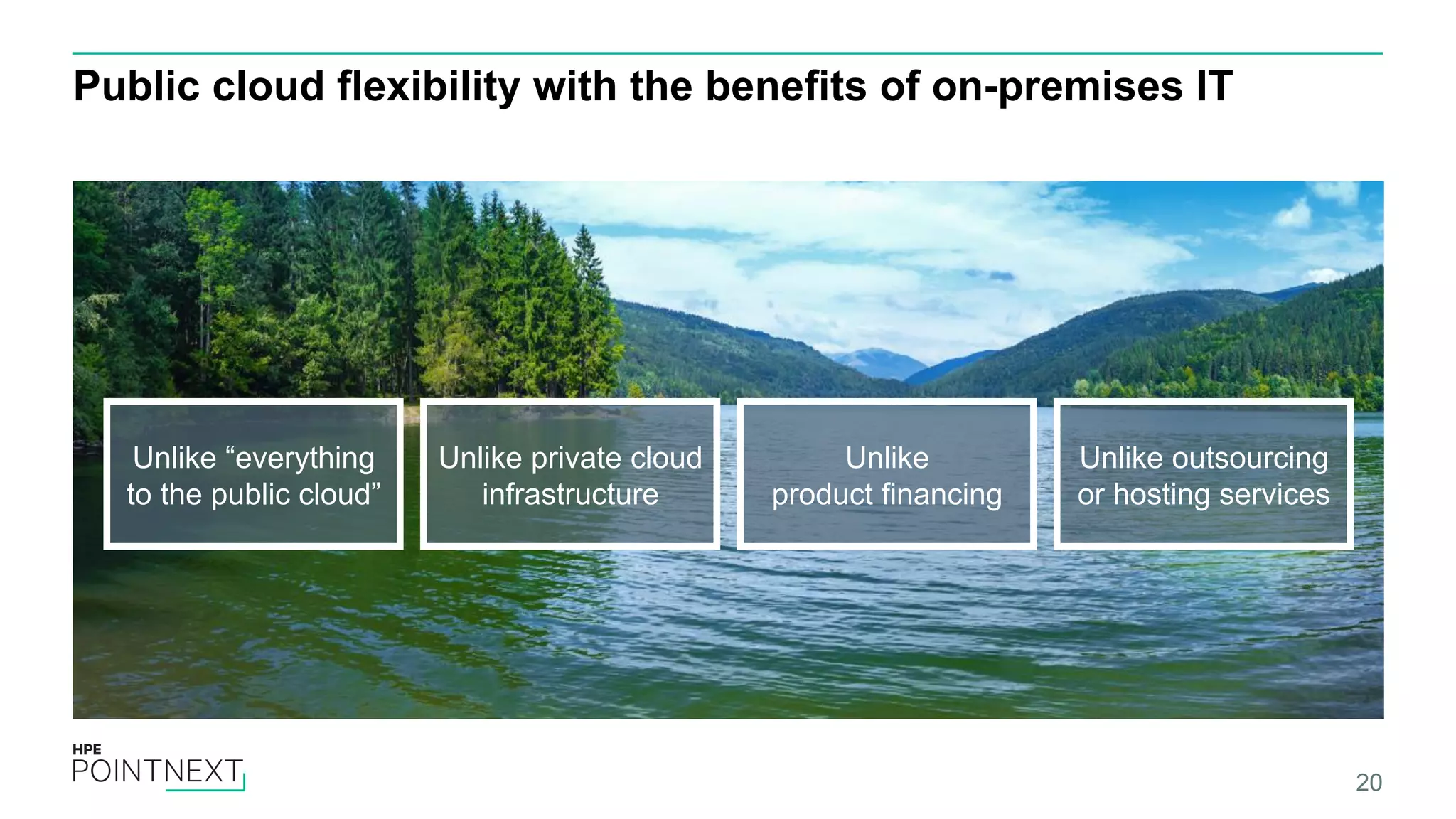 Public cloud flexibility with the beneﬁts of on-premises IT 20 Unlike “everything to the public cloud” Unlike private cloud infrastructure Unlike product financing Unlike outsourcing or hosting services 