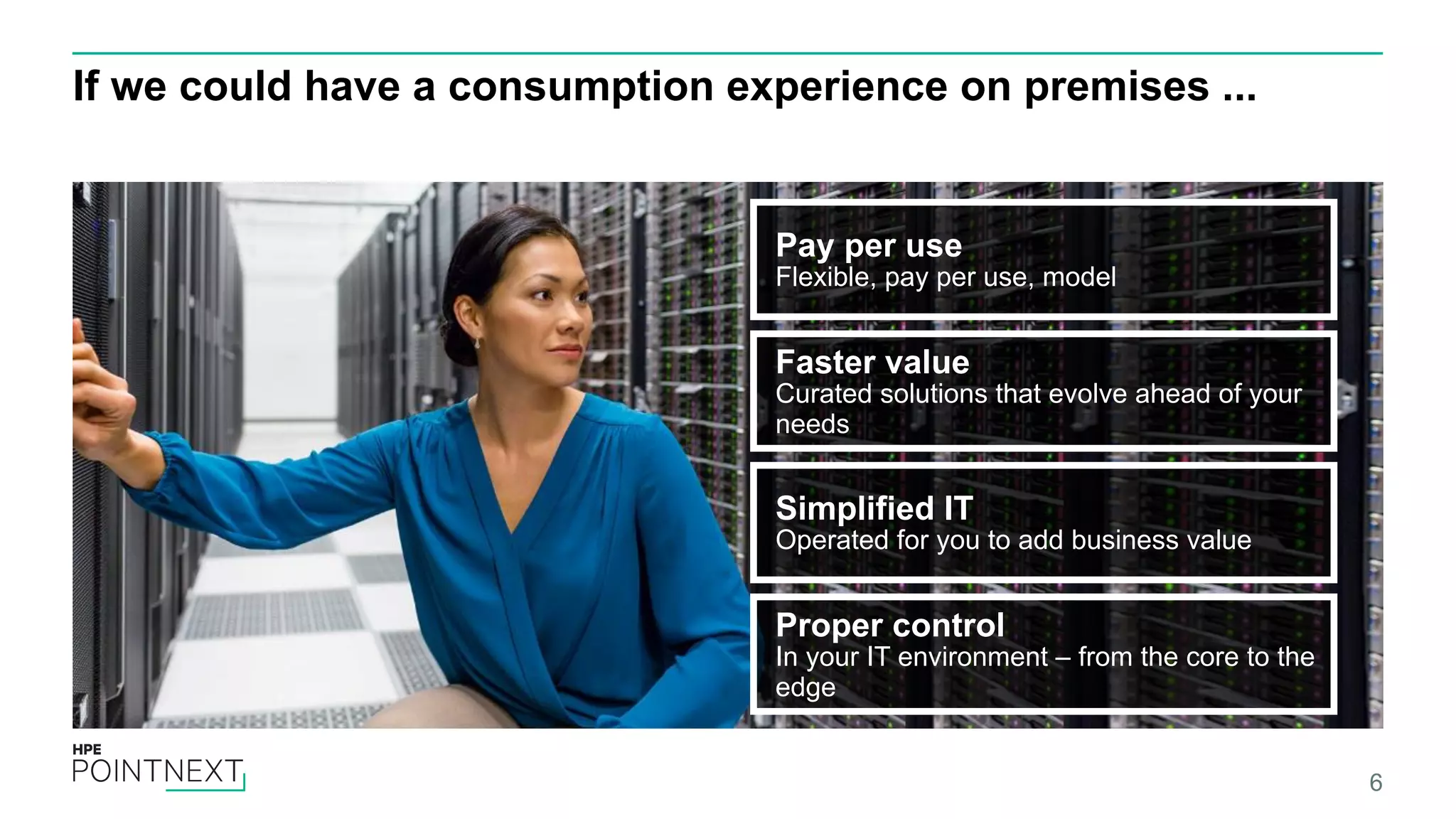 If we could have a consumption experience on premises ... Pay per use Flexible, pay per use, model Faster value Curated solutions that evolve ahead of your needs Simplified IT Operated for you to add business value Proper control In your IT environment – from the core to the edge 6 