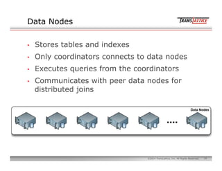 19©2014 TransLattice, Inc. All Rights Reserved.
Data Nodes
•  Stores tables and indexes
•  Only coordinators connects to d...