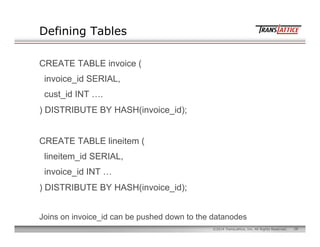 28©2014 TransLattice, Inc. All Rights Reserved.
Defining Tables
CREATE TABLE invoice (
invoice_id SERIAL,
cust_id INT ….
)...