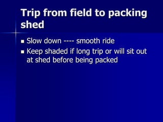 Trip from field to packing
shed
   Slow down ---- smooth ride
   Keep shaded if long trip or will sit out
    at shed before being packed
 