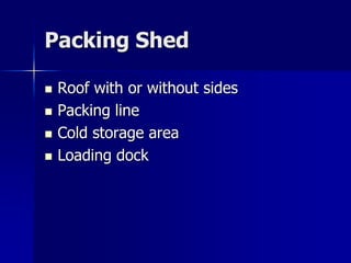 Packing Shed

   Roof with or without sides
   Packing line
   Cold storage area
   Loading dock
 