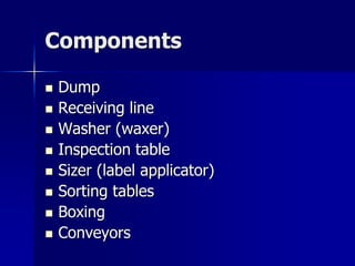 Components

   Dump
   Receiving line
   Washer (waxer)
   Inspection table
   Sizer (label applicator)
   Sorting tables
   Boxing
   Conveyors
 