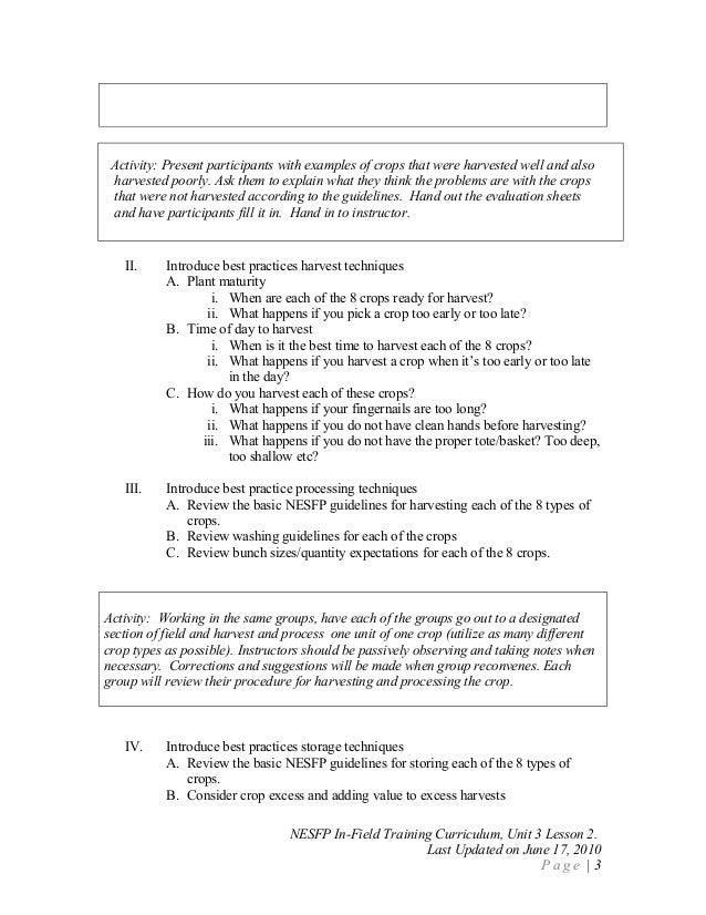 Food Safety Curriculum: Post harvest handling lesson plan