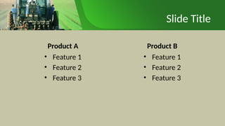Slide Title
Product A
• Feature 1
• Feature 2
• Feature 3
Product B
• Feature 1
• Feature 2
• Feature 3
 