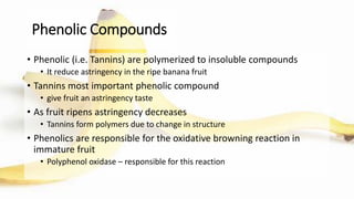 Phenolic Compounds
• Phenolic (i.e. Tannins) are polymerized to insoluble compounds
• It reduce astringency in the ripe banana fruit
• Tannins most important phenolic compound
• give fruit an astringency taste
• As fruit ripens astringency decreases
• Tannins form polymers due to change in structure
• Phenolics are responsible for the oxidative browning reaction in
immature fruit
• Polyphenol oxidase – responsible for this reaction
 
