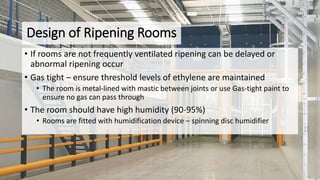 Design of Ripening Rooms
• If rooms are not frequently ventilated ripening can be delayed or
abnormal ripening occur
• Gas tight – ensure threshold levels of ethylene are maintained
• The room is metal-lined with mastic between joints or use Gas-tight paint to
ensure no gas can pass through
• The room should have high humidity (90-95%)
• Rooms are fitted with humidification device – spinning disc humidifier
 