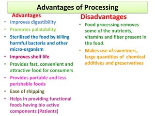 Advantages of Processing
Advantages
• Improves digestibility
• Promotes palatability
• Sterilized the food by killing
harmful bacteria and other
micro-organism
• Improves shelf life
• Provides fast, convenient and
attractive food for consumers
• Provides portable and less
perishable foods
• Ease of shipping
• Helps in providing functional
foods having bio active
components (Patients)
Disadvantages
• Food processing removes
some of the nutrients,
vitamins and fiber present in
the food.
• Makes use of sweetners,
large quantities of chemical
additives and preservatives
 