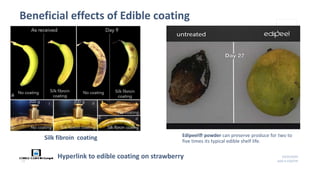 Beneficial effects of Edible coating
10/25/2020
ADD A FOOTER13
Hyperlink to edible coating on strawberry
Silk fibroin coating Edipeel℗ powder can preserve produce for two to
five times its typical edible shelf life.
 