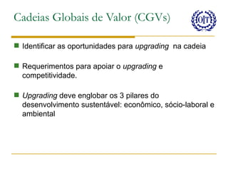 Cadeias Globais de Valor (CGVs)

 Identificar as oportunidades para upgrading na cadeia

 Requerimentos para apoiar o upgrading e
  competitividade.

 Upgrading deve englobar os 3 pilares do
  desenvolvimento sustentável: econômico, sócio-laboral e
  ambiental
 