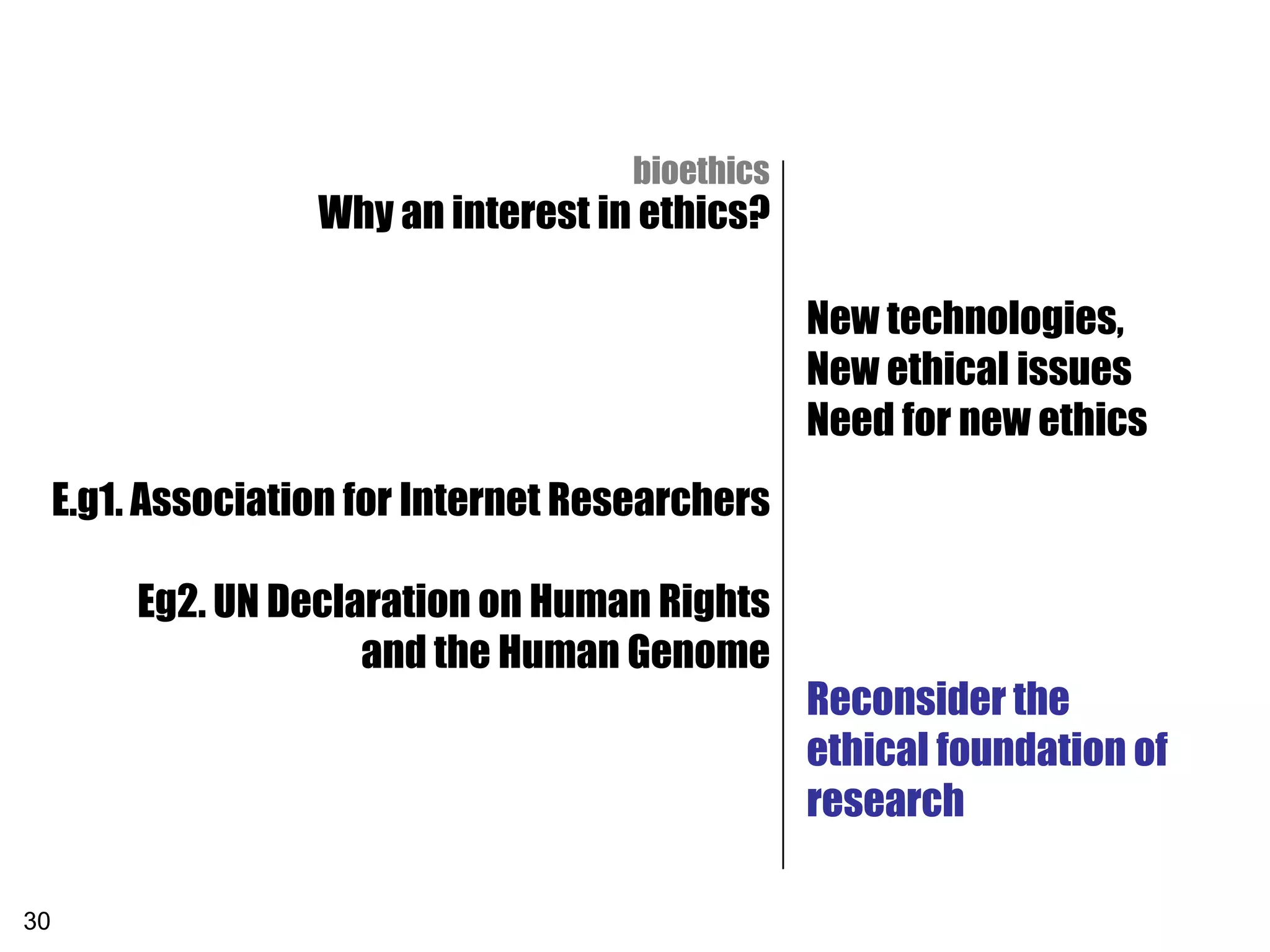 “the posthuman reveals an interesting
                                        interplay between the world of scientific,
                                      bioethicsal theorizing and the world of the
                    Why an interest in ethics? imagination – myth, SF, popular
                                          cultural
                                                            culture and religion”
                                                    New technologies,
                                                    New ethical issues
                                                    Need for new ethics
     E.g1. Association for Internet Researchers

          Eg2. UN Declaration on Human Rights
                       and the Human Genome
                                                    Reconsider the
                                                    ethical foundation of
                                                    research

30
 