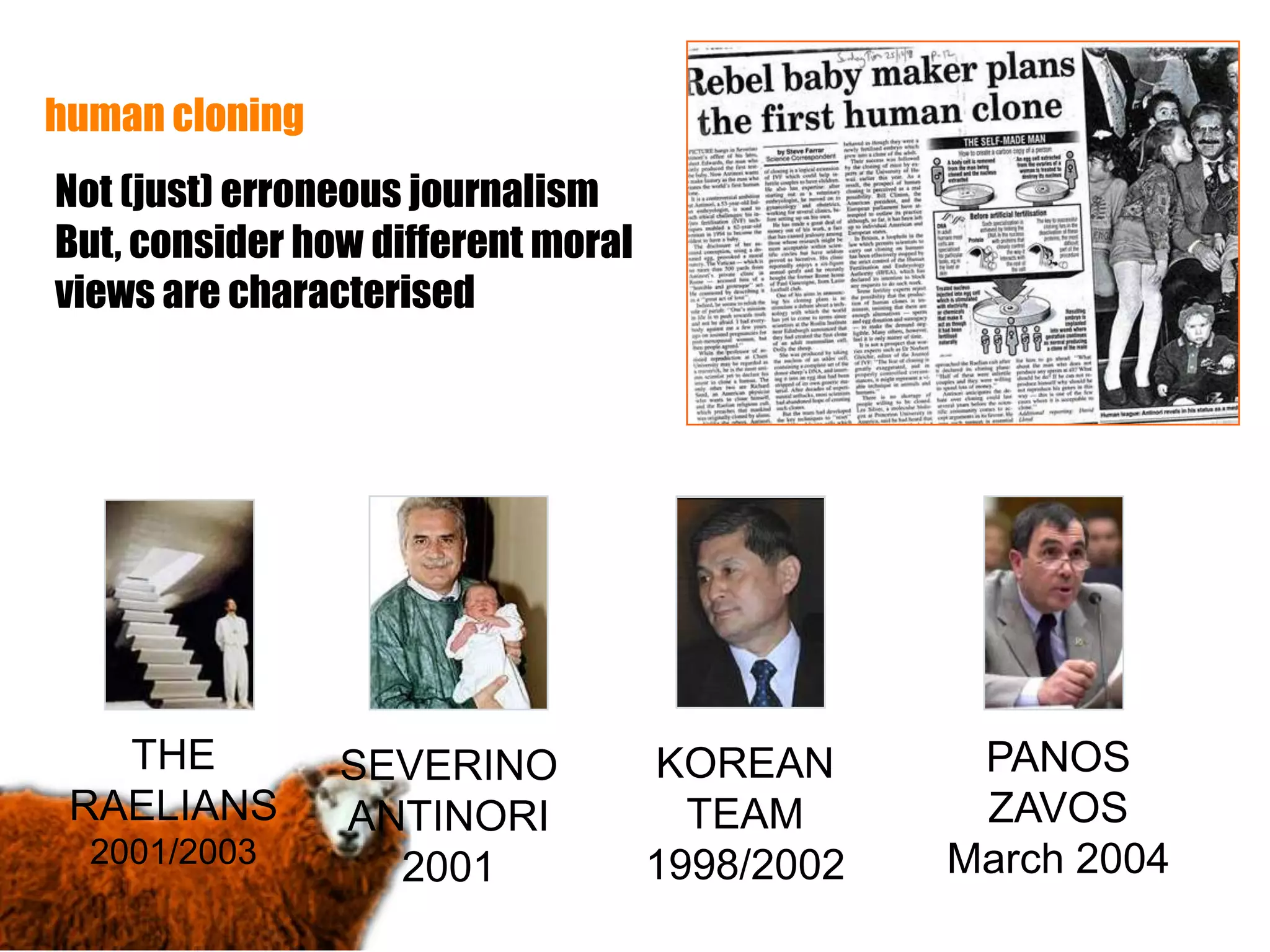 human cloning
    Not (just) erroneous journalism
    But, consider how different moral
    views are characterised




       THE          SEVERINO            KOREAN       PANOS
     RAELIANS       ANTINORI              TEAM       ZAVOS
      2001/2003       2001              1998/2002   March 2004
4
 