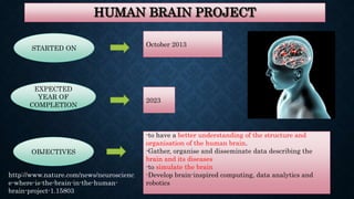 HUMAN BRAIN PROJECT
STARTED ON
October 2013
EXPECTED
YEAR OF
COMPLETION
2023
OBJECTIVES
-to have a better understanding of the structure and
organisation of the human brain.
-Gather, organise and disseminate data describing the
brain and its diseases
-to simulate the brain
-Develop brain-inspired computing, data analytics and
robotics
http://www.nature.com/news/neuroscienc
e-where-is-the-brain-in-the-human-
brain-project-1.15803
 