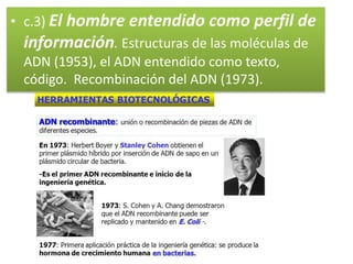 • c.3) El hombre entendido como perfil de
información. Estructuras de las moléculas de
ADN (1953), el ADN entendido como texto,
código. Recombinación del ADN (1973).
 