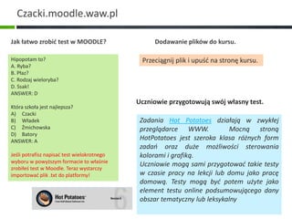 Czacki.moodle.waw.pl 
Jak łatwo zrobić test w MOODLE? Dodawanie plików do kursu. 
Hipopotam to? 
A. Ryba? 
B. Płaz? 
C. Rodzaj wieloryba? 
D. Ssak! 
ANSWER: D 
Która szkoła jest najlepsza? 
A) Czacki 
B) Władek 
C) Żmichowska 
D) Batory 
ANSWER: A 
Jeśli potrafisz napisać test wielokrotnego 
wyboru w powyższym formacie to właśnie 
zrobiłeś test w Moodle. Teraz wystarczy 
importować plik .txt do platformy! 
Przeciągnij plik i upuść na stronę kursu. 
Uczniowie przygotowują swój własny test. 
Zadania Hot Potatoes działają w zwykłej 
przeglądarce WWW. Mocną stroną 
HotPotatoes jest szeroka klasa różnych form 
zadań oraz duże możliwości sterowania 
kolorami i grafiką. 
Uczniowie mogą sami przygotować takie testy 
w czasie pracy na lekcji lub domu jako pracę 
domową. Testy mogą być potem użyte jako 
element testu online podsumowującego dany 
obszar tematyczny lub leksykalny 
 