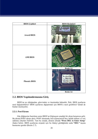 BIOS Çeş
                    itleri                                  BIOS Resimleri




              Award BIOS



                                                               Resim 2.4




               AMI BIOS




                                                               Resim 2.5




             Phoenix BIOS




                                                               Resim 2.6


2.2. BIOS Yapı rması Giriş
             landı na

      BIOS’un ne olduğ undan, görevinden ve öneminden bahsettik. Peki, BIOS ayarları
                                                                                   nı
nasıdeğ tirebiliriz? BIOS ayarları değ tirmek için BIOS’a nasıgirebiliriz? Ş
   l     iş                       nı iş                         l            imdi de
bunlarıinceleyelim.

2.2.1. Post Ekranı

      Güç düğ   mesine bastı sonra BIOS’un bilgisayarı nadıı ekran karş za gelir.
                              ktan                        sı ğ bir             ı
                                                                               mı
Bu ekrana POST ekranı     deriz. POST ekranı bize iş
                                           nda,       lemcimizin hı, bellek miktarı veri
                                                                  zı               ve
saklama cihazları  belirtilir. Tam bu esnada, ekranı altı “Press DEL to Enter Setup”
                                                    n   nda
ifadesi belirir. BIOS ayarları eriş için bu ifadeyi gördüğ
                                 na  mek                        ümüz anda “DEL” tuş   una
basmamıgerekir (Resim 2.7).
         z
                                                 28
 
