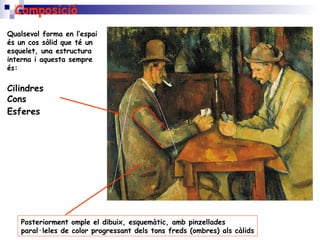 Qualsevol forma en l’espai
és un cos sòlid que té un
esquelet, una estructura
interna i aquesta sempre
és:
Cilindres
Cons
Esferes
Posteriorment omple el dibuix, esquemàtic, amb pinzellades
paral·leles de color progressant dels tons freds (ombres) als càlids
Composició
 
