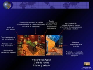 Vincent Van Gogh
Café de noche
interior y exterior
Punto de
vista elevado
Plano del suelo
muy desarrollado
Combinación cromática de colores
complementarios (ej.: el rojo de la pared
con verde de mesa billar)
Personajes aislados,
sin comunicación
Desarrollo en
perspectiva diagonal
Estudio
de luz nocturna
Aureolas a base
de pinceladas
concéntricas
Líneas de
perspectiva hacia
el centro
Pinceladas no mezcladas
de trazo curvo conforman
adoquines
Mancha amarilla
rodeada de trazos blancos
en un fondo de variados azules
son el cielo estrellado
Historia del Arte
Rosa Mª Vilá Blasco
 