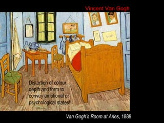 Vincent Van Gogh

Distortion of colour,
depth and form to
convey emotional or
psychological states!!
Van Gogh’s Room at Arles, 1889

 