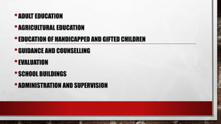 •ADULT EDUCATION
•AGRICULTURAL EDUCATION
•EDUCATION OF HANDICAPPED AND GIFTED CHILDREN
•GUIDANCE AND COUNSELLING
•EVALUATION
•SCHOOL BUILDINGS
•ADMINISTRATION AND SUPERVISION
 
