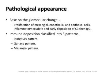 Pathological appearance
• Base on the glomerular change…
– Proliferation of mesangial, endothelial and epithelial cells,
inflammatory exudate and early deposition of C3 then IgG.
• Immune deposition classified into 3 patterns.
– Starry Sky pattern.
– Garland pattern.
– Mesangial pattern.
Sorger, K., et al., Subtypes of APIGN. Synopsis of clinical and pathological features. Clin Nephrol, 1982. 17(3): p. 114-28.
 