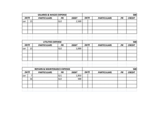 SALARIES & WAGES EXPENSE                                              500
  DATE         PARTICULARS        PR      DEBIT        DATE   PARTICULARS   PR   CREDIT
Jan   15                        GJ2           2,500

                                               2,500                                 -

           Balance                            2,500



                   UTILITIES EXPENSE                                                 500
  DATE         PARTICULARS         PR     DEBIT        DATE   PARTICULARS   PR   CREDIT
Jan   15                         GJ2          1,000

                                               1,000                                 -

           Balance                            1,000



         REPAIRS & MAINTENANCE EXPENSE                                               500
  DATE      PARTICULARS       PR       DEBIT           DATE   PARTICULARS   PR   CREDIT
Jan    7                    GJ1            1,850
      16                    GJ2              500
                                               2,350                                 -

           Balance                            2,350
 