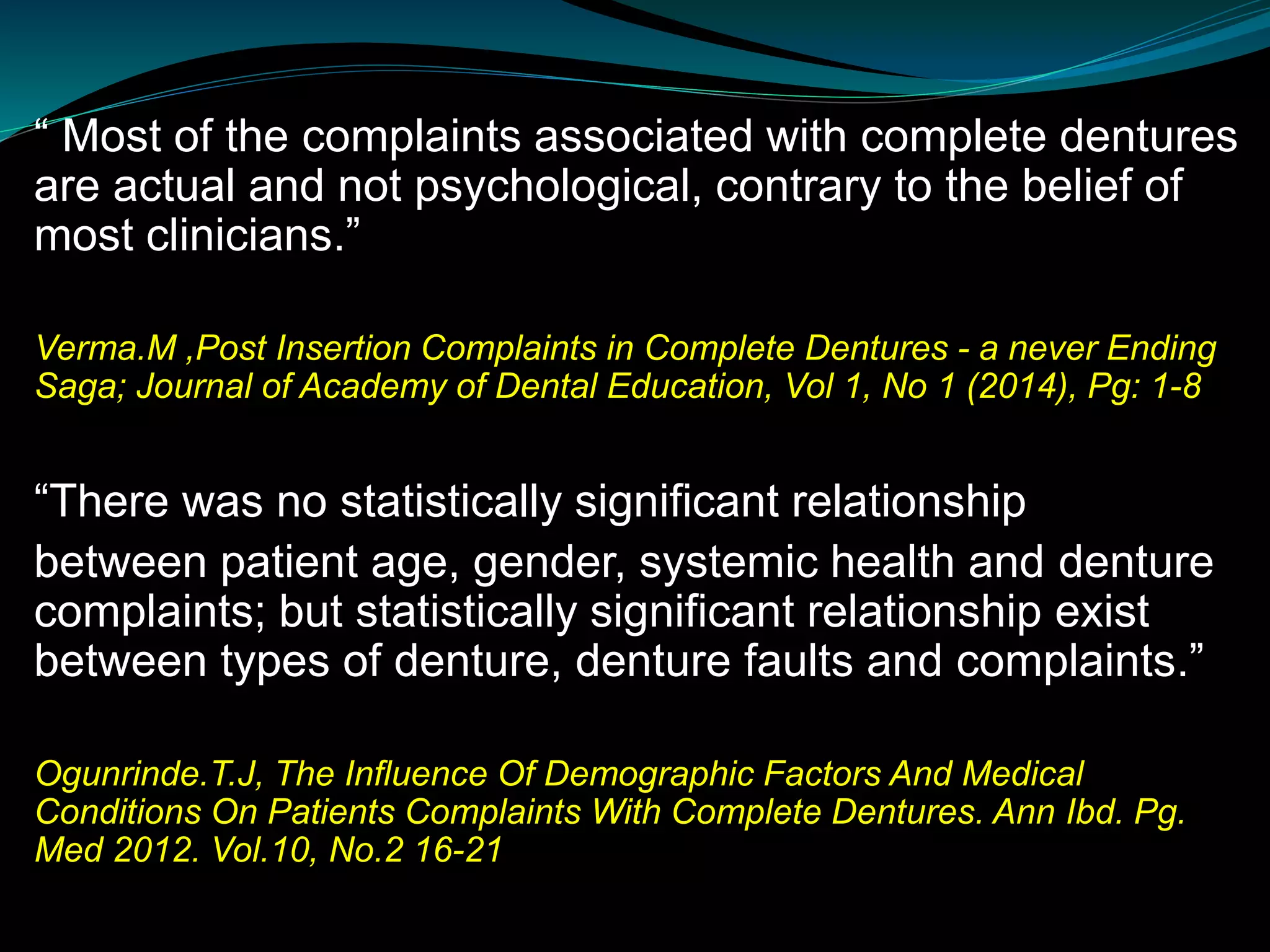 Post insertion complaints in complete dentures | PPTX