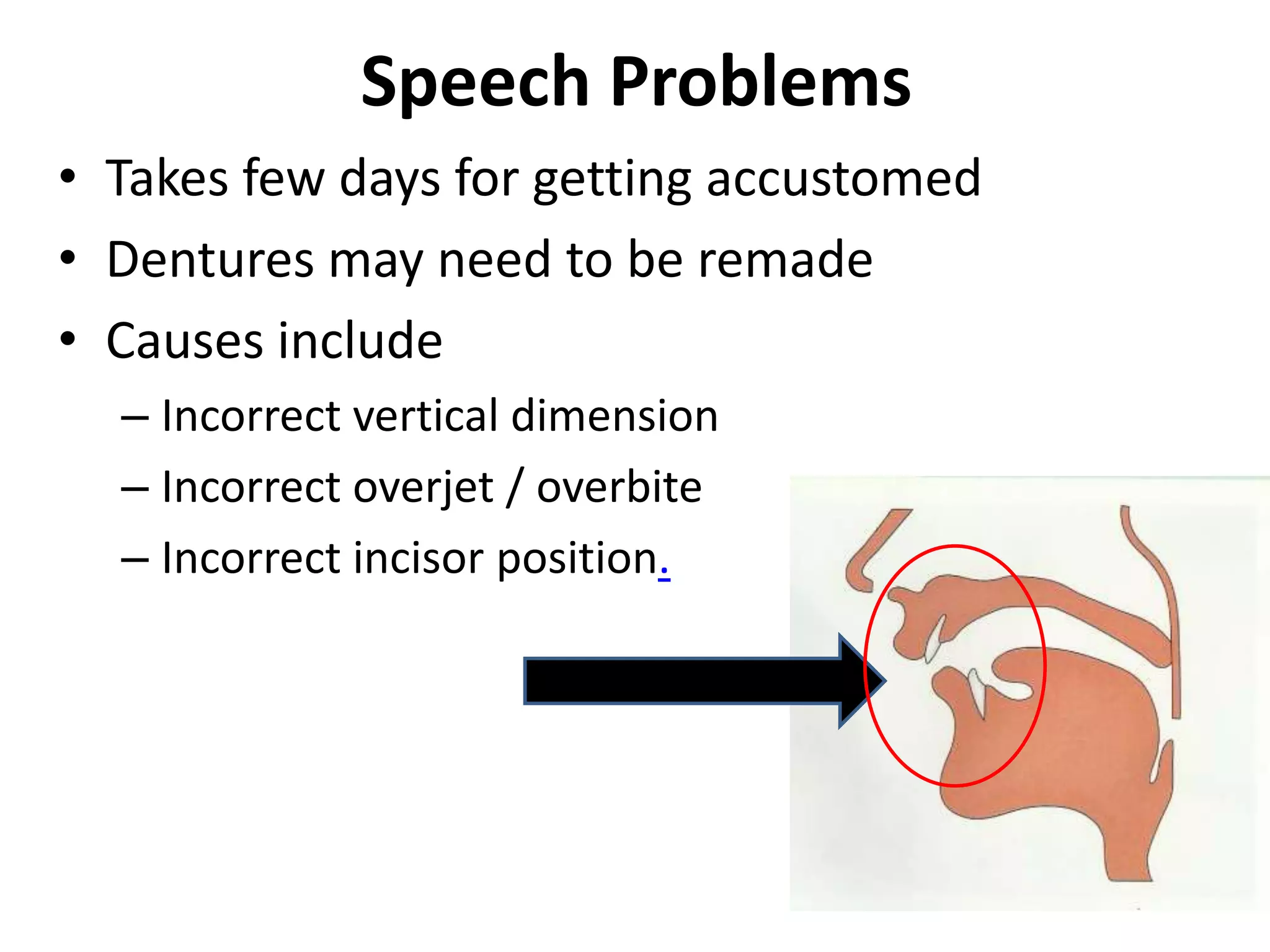 Speech Problems
• Takes few days for getting accustomed
• Dentures may need to be remade
• Causes include
– Incorrect vertical dimension
– Incorrect overjet / overbite
– Incorrect incisor position.
 