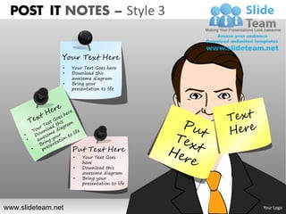 POST IT NOTES – Style 3


                Your Text Here
                •   Your Text Goes here
                •   Download this
                    awesome diagram
                •   Bring your
                    presentation to life




                    Put Text Here
                    •   Your Text Goes
                        here
                    •   Download this
                        awesome diagram
                    •   Bring your
                        presentation to life




www.slideteam.net                              Your Logo
 