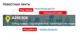 Новостные ленты
Код города
Код района
Уникальный номер
www.almaty.gov.kz
medeu.almaty.kz
 