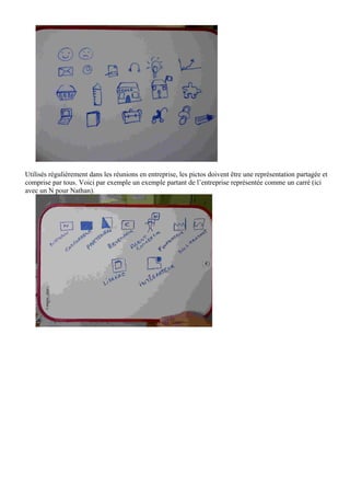 Utilisés régulièrement dans les réunions en entreprise, les pictos doivent être une représentation partagée et
comprise par tous. Voici par exemple un exemple partant de l’entreprise représentée comme un carré (ici
avec un N pour Nathan).
 