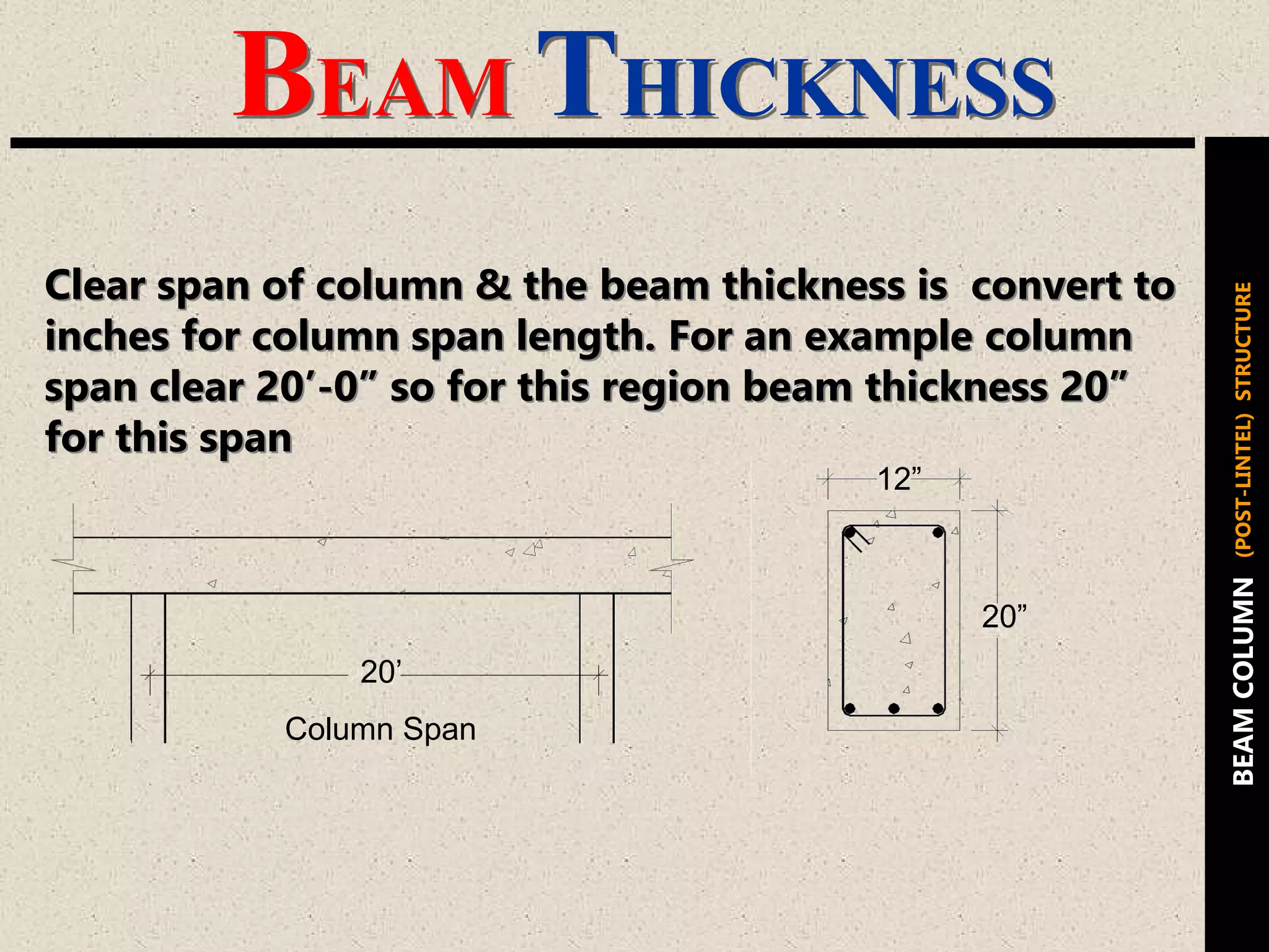 Clear span of column & the beam thickness is convert to
inches for column span length. For an example column
span clear 20’-0” so for this region beam thickness 20”
for this span
BEAMCOLUMN(POST-LINTEL)STRUCTURE
20’
Column Span
12”
20”
BEAM THICKNESS
 