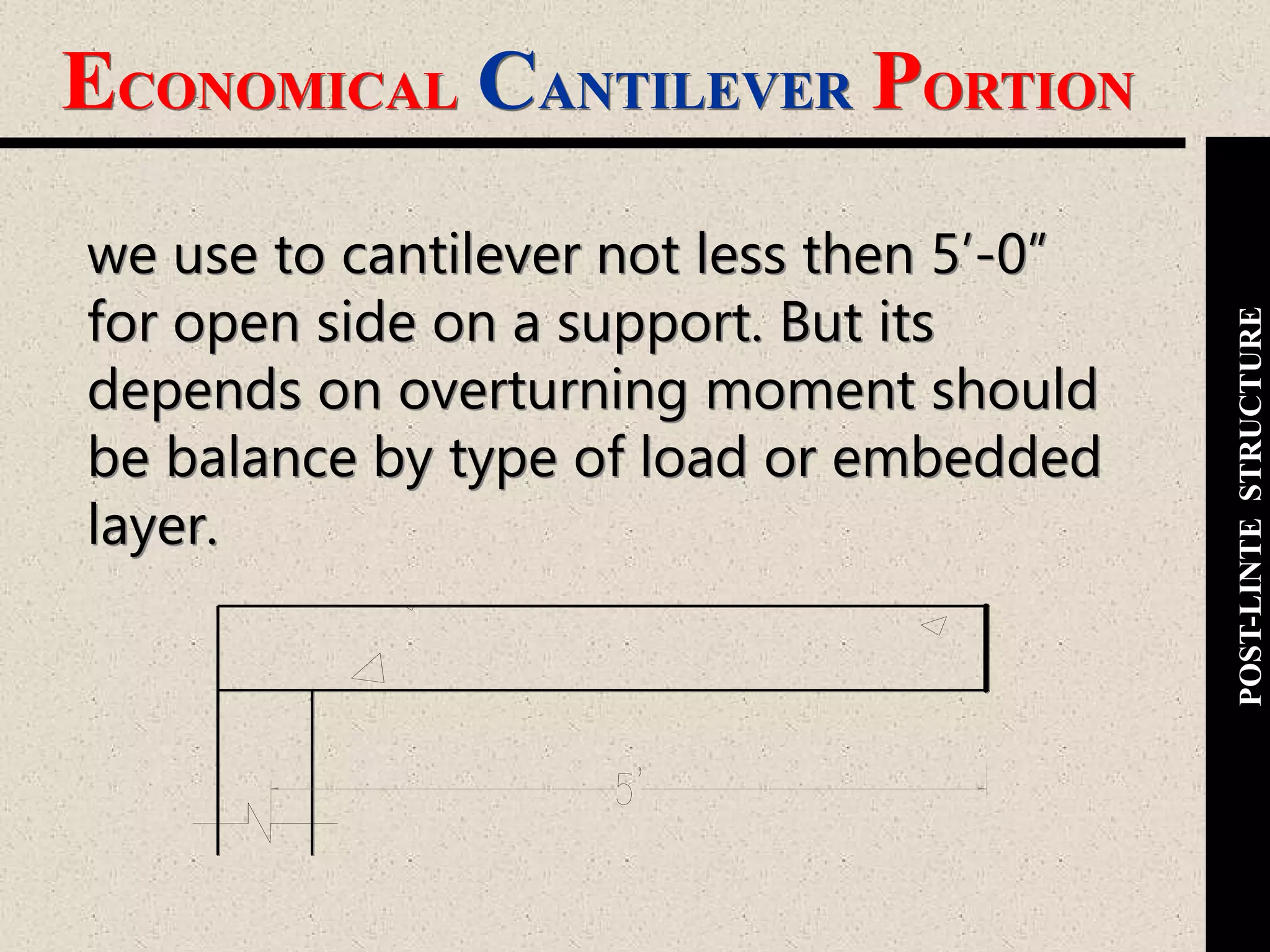 ECONOMICAL CANTILEVER PORTION
POST-LINTESTRUCTURE
we use to cantilever not less then 5’-0”
for open side on a support. But its
depends on overturning moment should
be balance by type of load or embedded
layer.
 