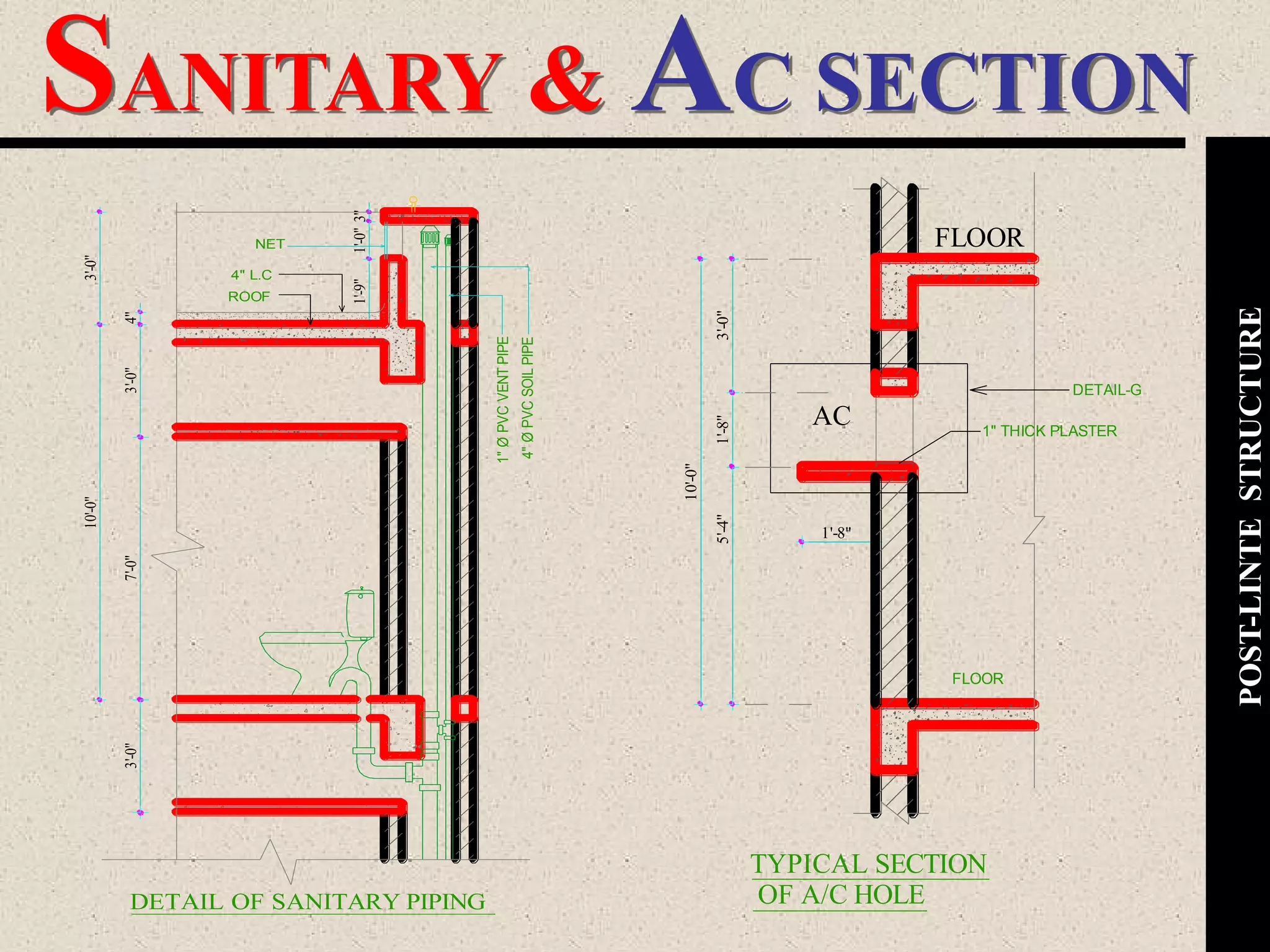 1'-9"1'-0"3"
7'-0"
10'-0"
3'-0"
3'-0"
3'-0"4"
ROOF
4" L.C
NET
4"ØPVCSOILPIPE
1"ØPVCVENTPIPE
DETAIL OF SANITARY PIPING
TYPICAL SECTION
OF A/C HOLE
1'-8"
AC
10'-0"
1'-8"
FLOOR
5'-4"3'-0"
FLOOR
DETAIL-G
1" THICK PLASTER
SANITARY & AC SECTION
POST-LINTESTRUCTURE
 