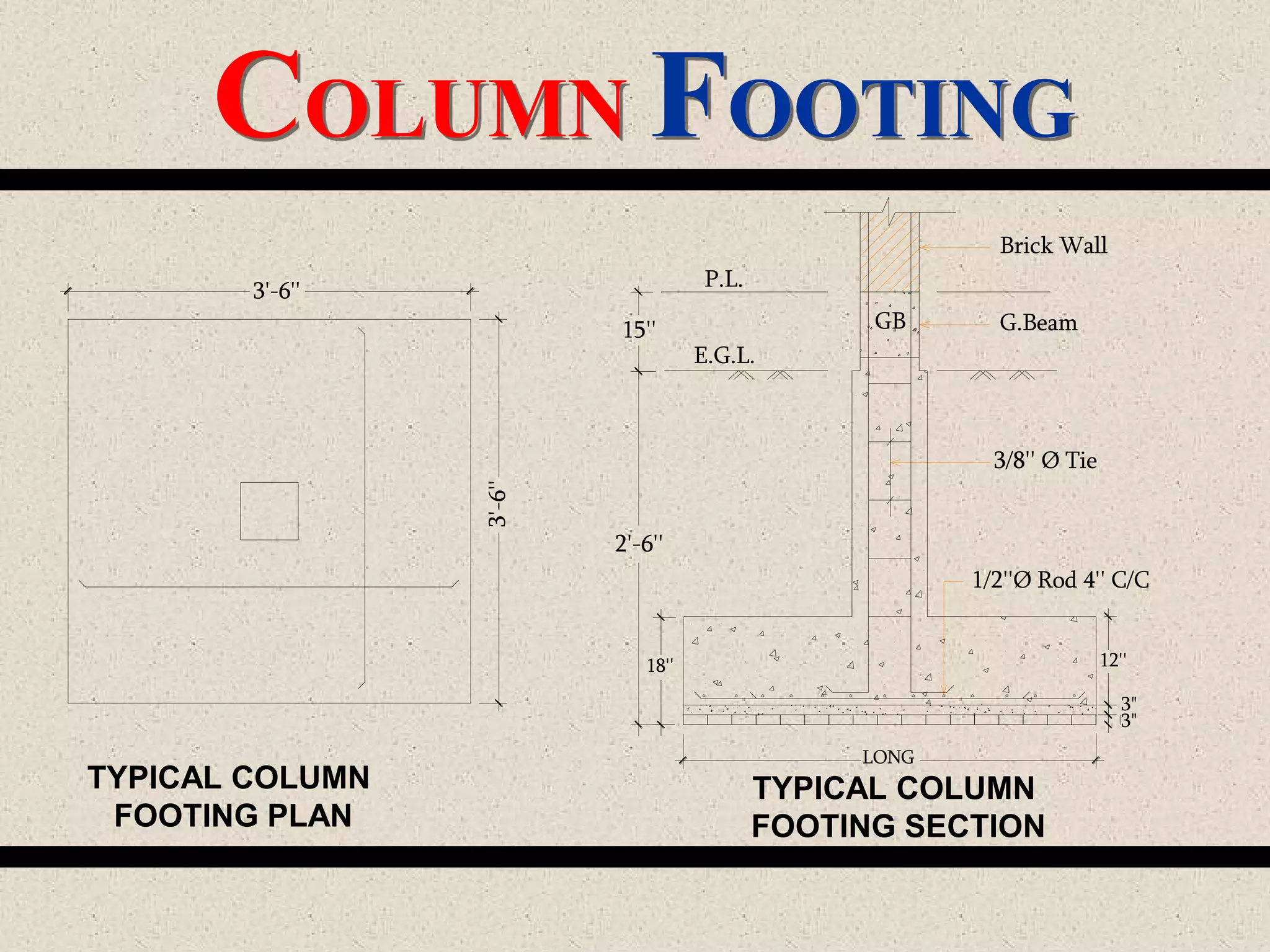 COLUMN FOOTING
1/2''Ø Rod 4'' C/C
3/8'' Ø Tie
G.Beam
Brick Wall
LONG
GB
3"
3"
P.L.
E.G.L.
18''
2'-6''
15''
12''
3'-6''
3'-6''
TYPICAL COLUMN
FOOTING PLAN
TYPICAL COLUMN
FOOTING SECTION
 