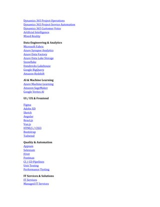 Dynamics 365 Project Operations
Dynamics 365 Project Service Automation
Dynamics 365 Customer Voice
Artificial Intelligence
Mixed Reality
Data Engineering & Analytics
Microsoft Fabric
Azure Synapse Analytics
Azure Data Factory
Azure Data Lake Storage
Snowflake
Databricks Lakehouse
Google BigQuery
Amazon Redshift
AI & Machine Learning
Azure Machine Learning
Amazon SageMaker
Google Vertex AI
UI / UX & Frontend
Figma
Adobe XD
Sketch
Angular
React.js
Vue.js
HTML5 / CSS3
Bootstrap
Tailwind
Quality & Automation
Appium
Selenium
JUnit
Postman
CI / CD Pipelines
Unit Testing
Performance Testing
IT Services & Solutions
IT Services
Managed IT Services
 