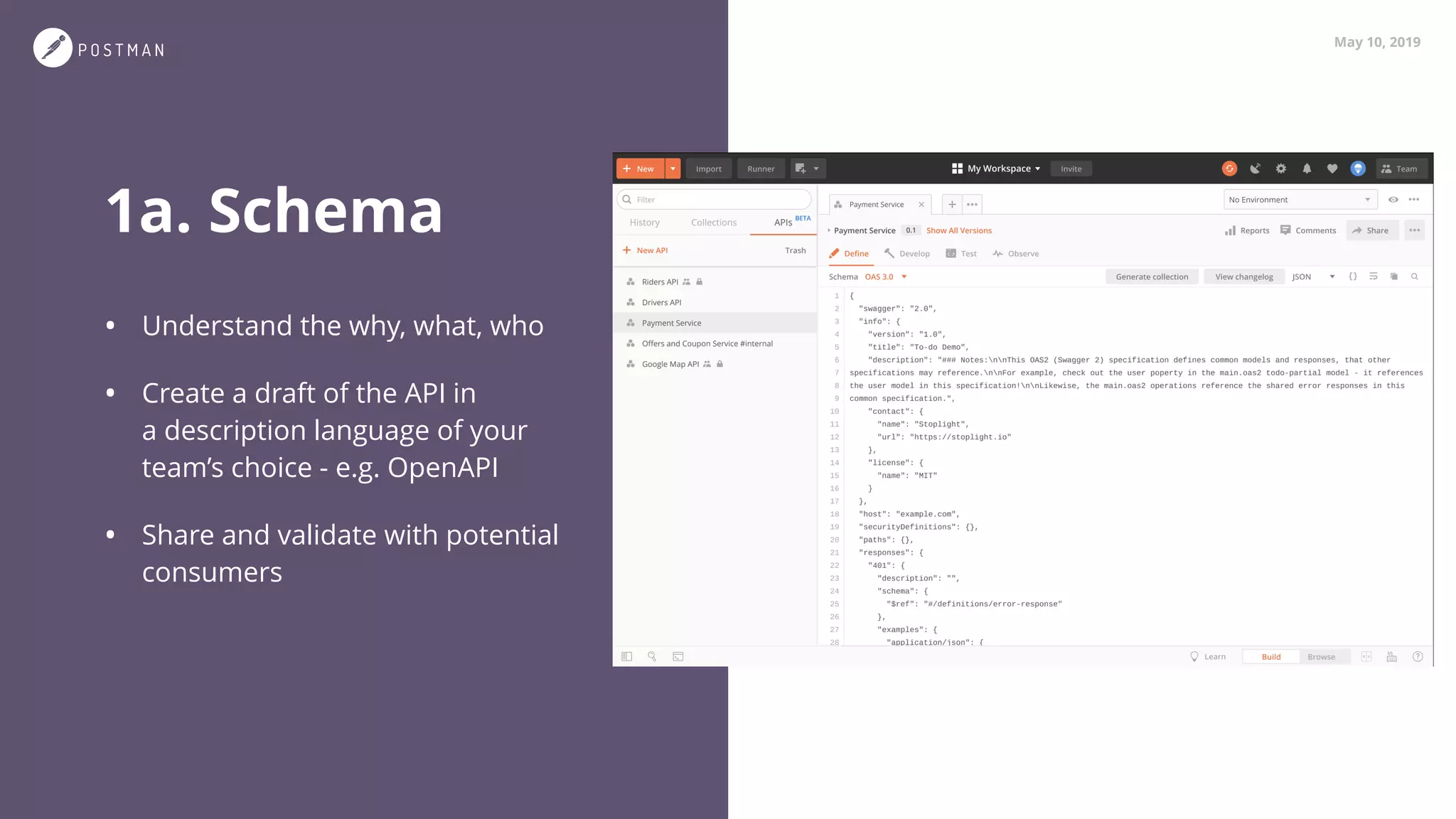 May 10, 2019
1a. Schema
• Understand the why, what, who
• Create a draft of the API in  
a description language of your  
team’s choice - e.g. OpenAPI
• Share and validate with potential  
consumers
 