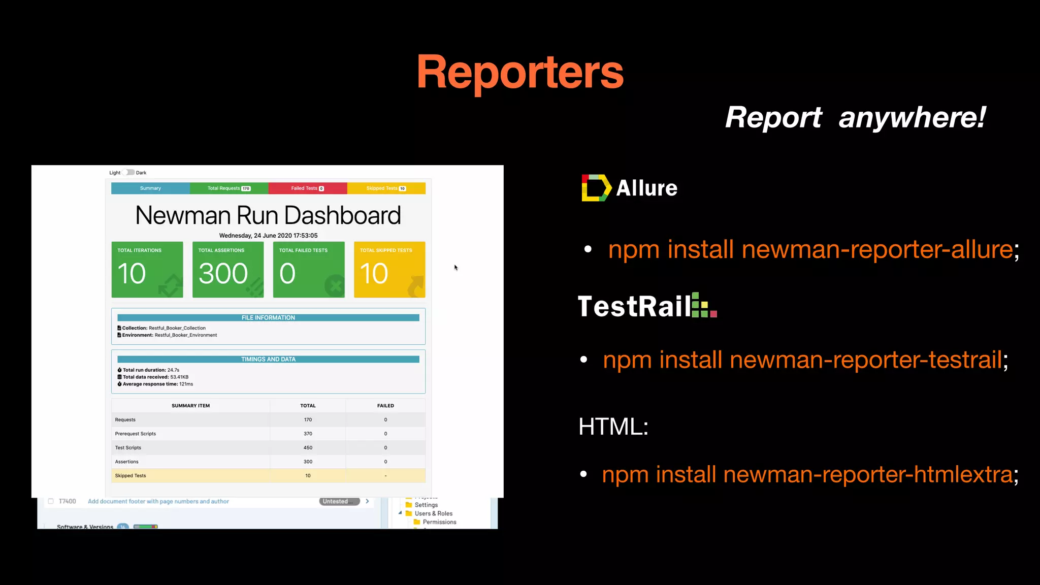 Reporters
Report anywhere!


• npm install newman-reporter-allure;


• npm install newman-reporter-testrail;

HTML:

• npm install newman-reporter-htmlextra;

 