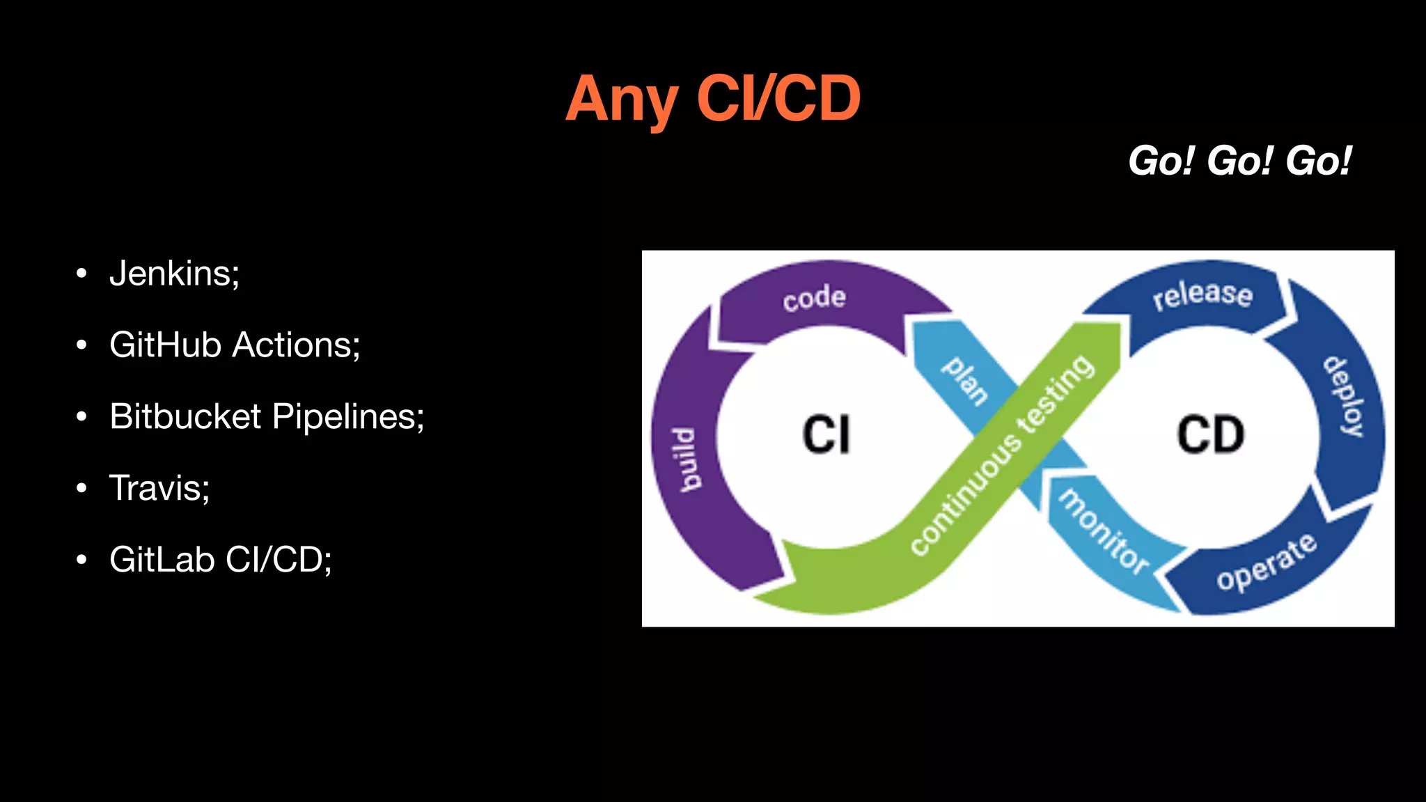 Any CI/CD
Go! Go! Go!
• Jenkins;

• GitHub Actions;

• Bitbucket Pipelines;

• Travis;

• GitLab CI/CD;
 