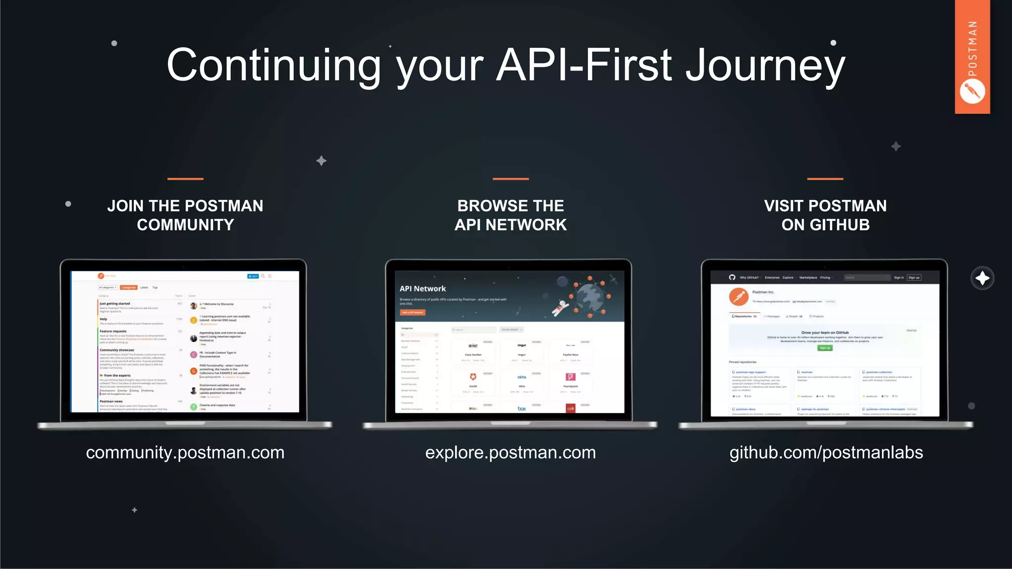 Continuing your API-First Journey
JOIN THE POSTMAN
COMMUNITY
BROWSE THE
API NETWORK
community.postman.com explore.postman.com github.com/postmanlabs
VISIT POSTMAN
ON GITHUB
 