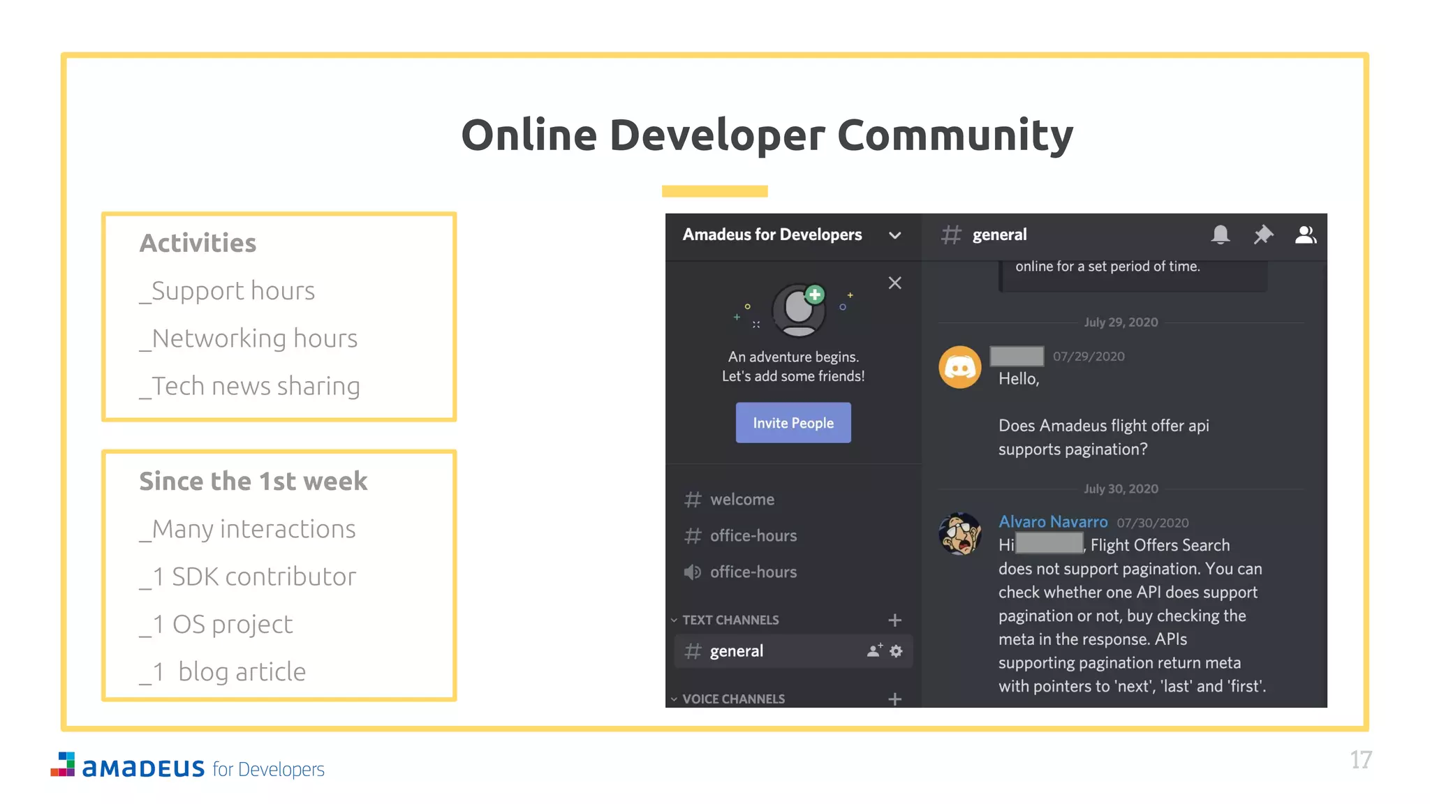 Online Developer Community
Activities
Since the 1st week
17
 