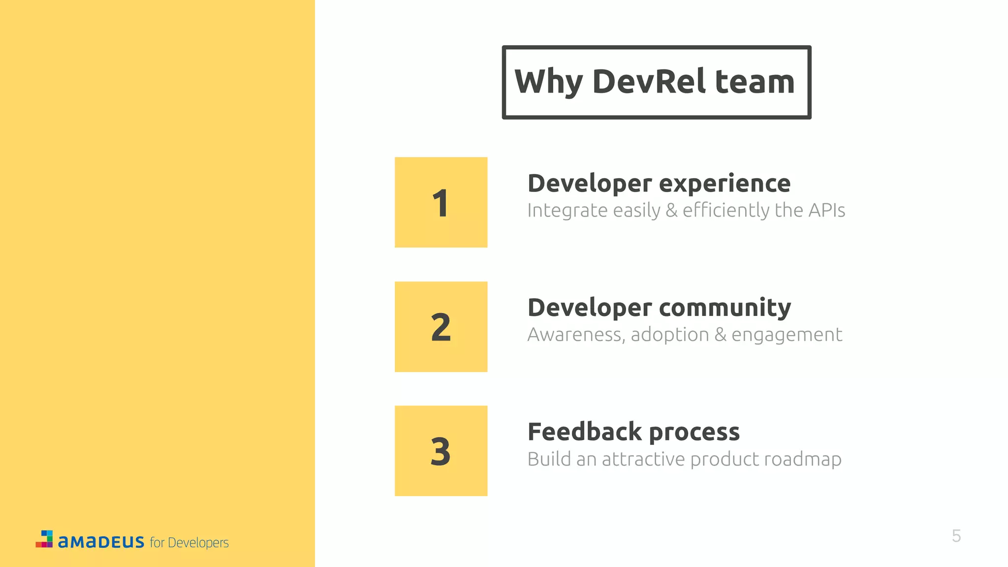 Why DevRel team
5
Developer experience
Developer community
Feedback process
1
2
3
 