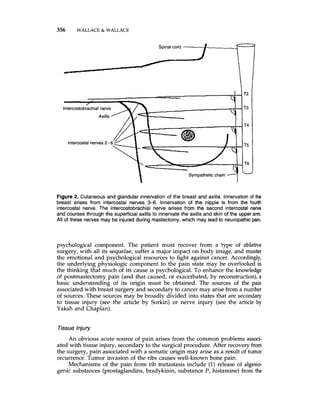 356 WALLACE & WALLACE
T2
Figure 2. Cutaneous and glandular innervationof the breast and axilla. Innervation of the
breast arises from intercostal nerves 3-6. Innervation of the nipple is from the fourth
intercostal nerve. The intercostobrachial nerve arises from the second intercostal nelve
and courses through the superficialaxilla to innervatethe axilla and skin of the upper arm.
All of these nerves may be injured during mastectomy, which may leadto neuropathicpain.
psychological component. The patient must recover from a type of ablative
surgery, with all its sequelae, suffer a major impact on body image, and muster
the emotional and psychological resources to fight against cancer. Accordingly,
the underlying physiologic component to the pain state may be overlooked in
the thinking that much of its cause is psychological. To enhance the knowledge
of postmastectomy pain (and that caused, or exacerbated, by reconstruction),a
basic understanding of its origin must be obtained. The sources of the pain
associated with breast surgery and secondary to cancer may arise from a number
of sources. These sources may be broadly divided into states that are secondary
to tissue injury (see the article by Sorkin) or nerve injury (see the article by
Yaksh and Chaplan).
Tissue injury
An obvious acute source of pain arises from the common problems associ-
ated with tissue injury, secondary to the surgical procedure. After recovery from
the surgery, pain associated with a somatic origin may arise as a result of tumor
returrence. Tumor invasion of the ribs causes well-known bone pain.
Mechanisms of the pain from rib metastasis include (1)release of algesio-
genic substances (prostaglandins, bradykinin, substance P, histamine) from the
 