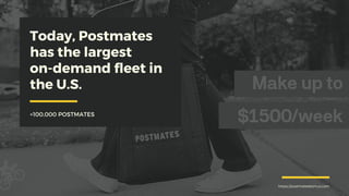 Today, Postmates
has the largest
on-demand fleet in
the U.S.
+100,000 POSTMATES
https://postmatesbonus.com
 